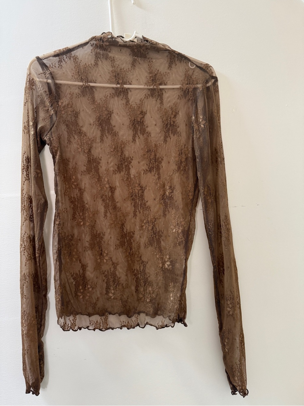 Hem & Thread Brown Sheer Lace Mock Neck Long Sleeve Top Size S - Picture 2 of 4